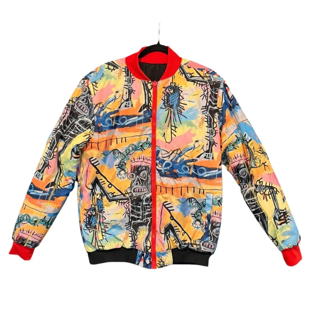 Reason Jean-Michel Basquiat Reversible Bomber Jacket Mens Medium Art Print Black